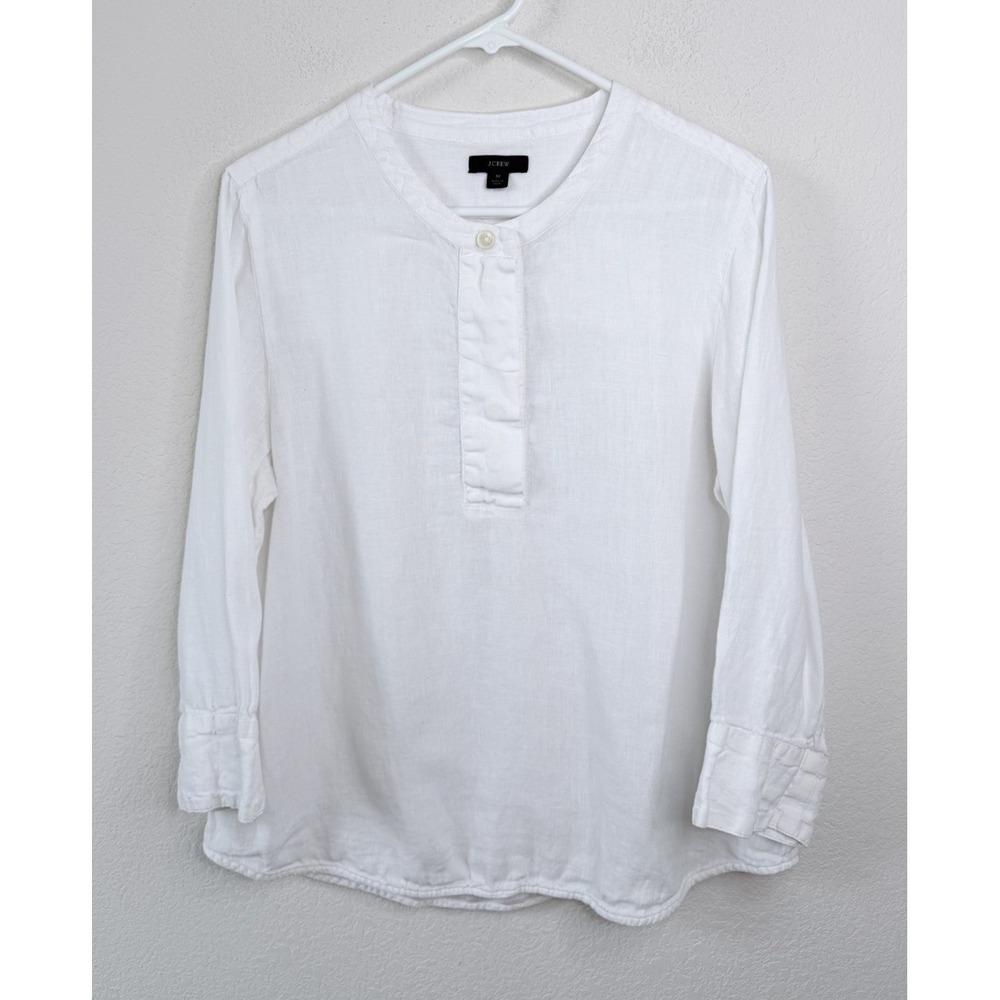 J.Crew 100% Linen Popover Blouse‎ Top Women's M 3/4 Sleeve Peasant Coastal Beach